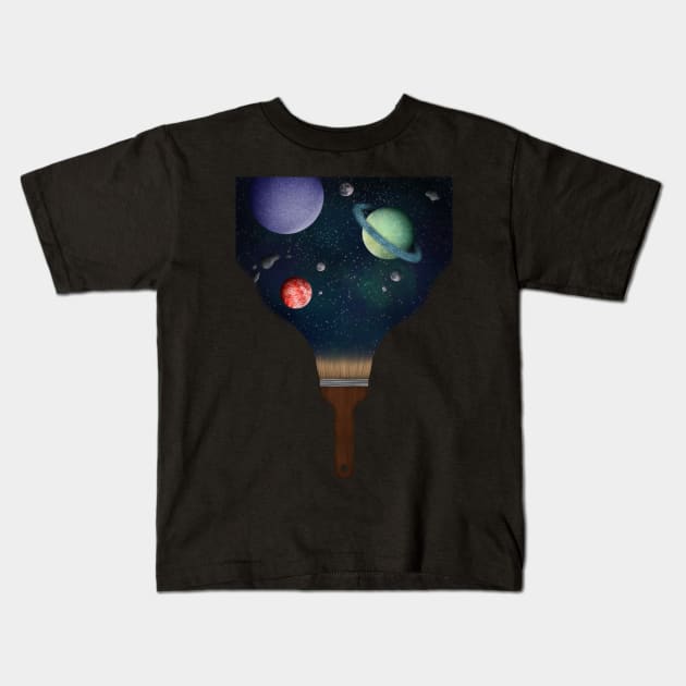 Galaxy coming out of paint brush Kids T-Shirt by LeighsDesigns